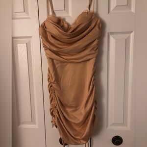 Oh Polly Lace Trim Cowl Neck Satin Mini Dress in Sand
